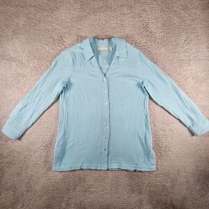 Soft Surroundings Seersucker Top Womens Small Petite‎ Blue Button Down Beachy
